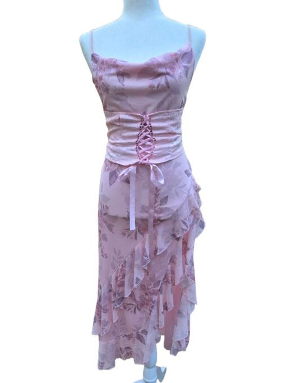 Pink Floral Cami Midi Dress Corset Waist Ruffled Slit Fairycore Garden Medium